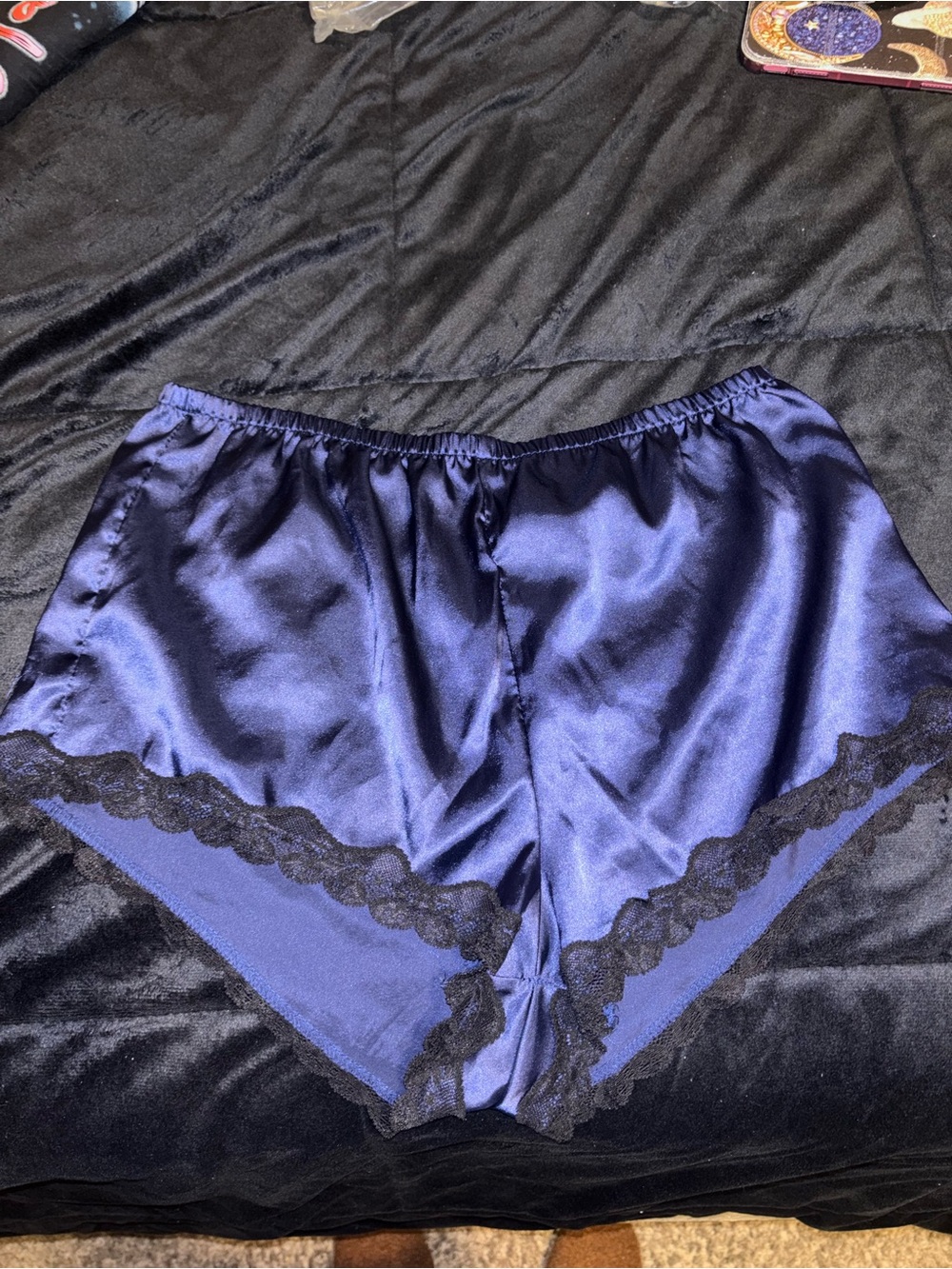 Silky Navy Satin Sleep Shorts with Black Lace Trim